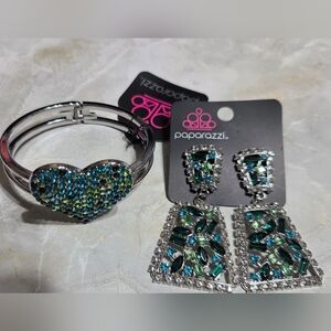 2 Piece paparazzi Teal and Green Heart Bracelet with Crystal Drop Earrings